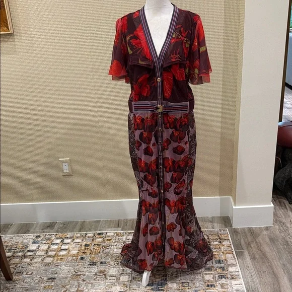 Byron Lars, Elegant,Unique Floral Sheer Maxi Dress, Red/Purple Accents, size 10 - Picture 2 of 15